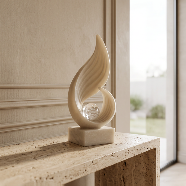 Modern Abstract White Sculpture with Crystal Ball