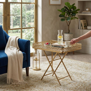 Luxury Gold Mirrored Serving Tray Table with Folding Stand