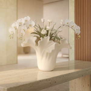 Luxury Cream Sculptural Ruffled Vase | Organic Wave Decorative Vase
