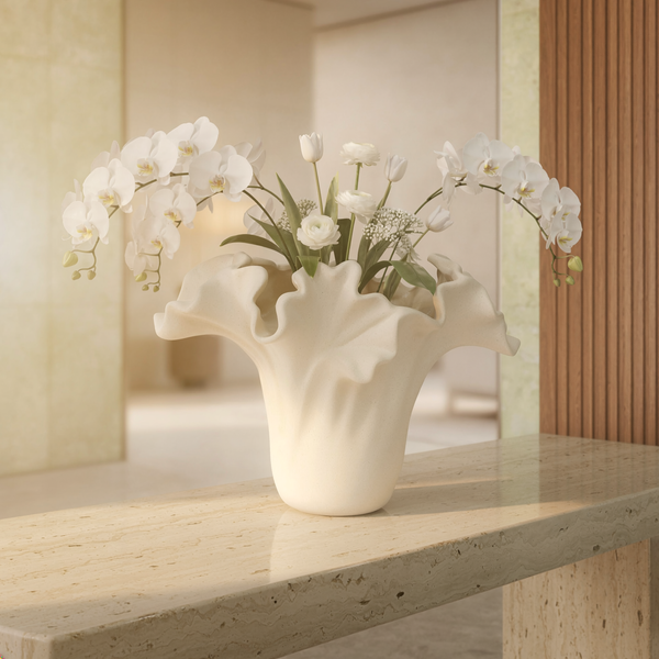Luxury Cream Sculptural Ruffled Vase | Organic Wave Decorative Vase