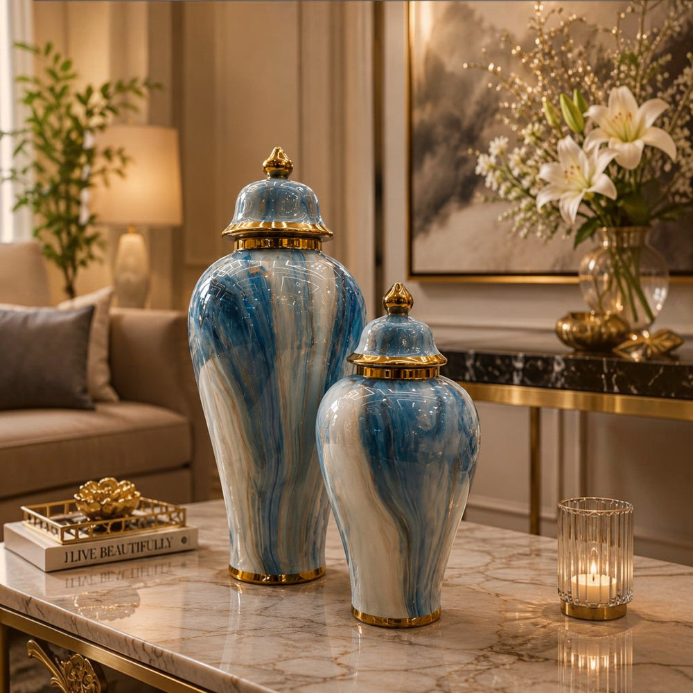 Luxury Blue Marble Textured Porcelain Ginger Jars