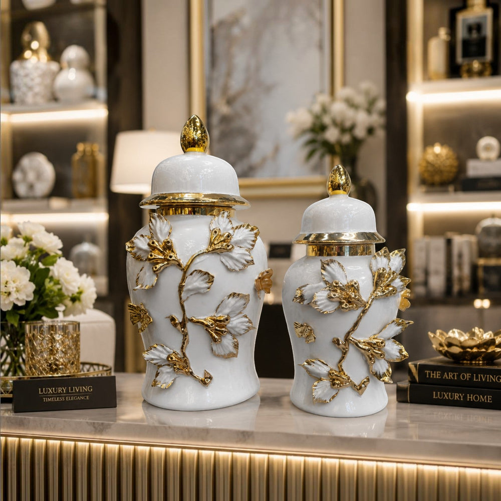 Luxury White & Gold Decorative Ginger Jar Set displayed on a console table