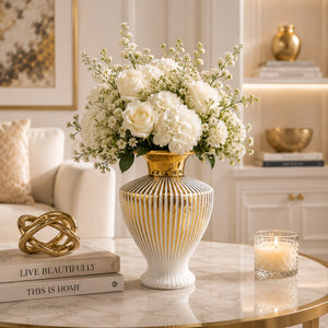 🏺 Luxury White & Gold Ribbed Ceramic Decorative Vase