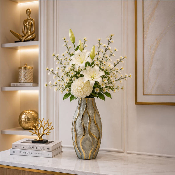 Luxury White-Gold Ribbed Ceramic Table Vases