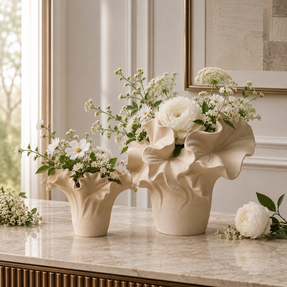 Luxury Cream Sculptural Ruffled Vase