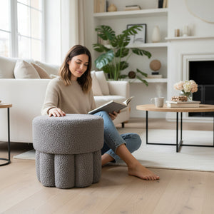 boucle storage ottoman, boucle ottoman stool, round storage ottoman, upholstered ottoman, modern ottoman, luxury ottoman, accent stool, footrest stool, storage stool, round footrest, vanity stool, living room ottoman, bedroom ottoman, contemporary ottoman, Scandinavian furniture, Japandi furniture, upholstered storage stool, boucle furniture, decorative ottoman, modern home furniture
