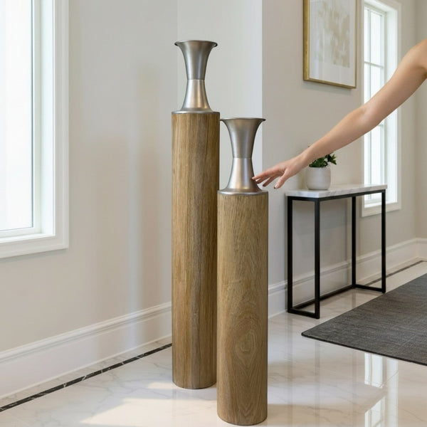 Modern Metal Floor Vase with Wood Grain Finish