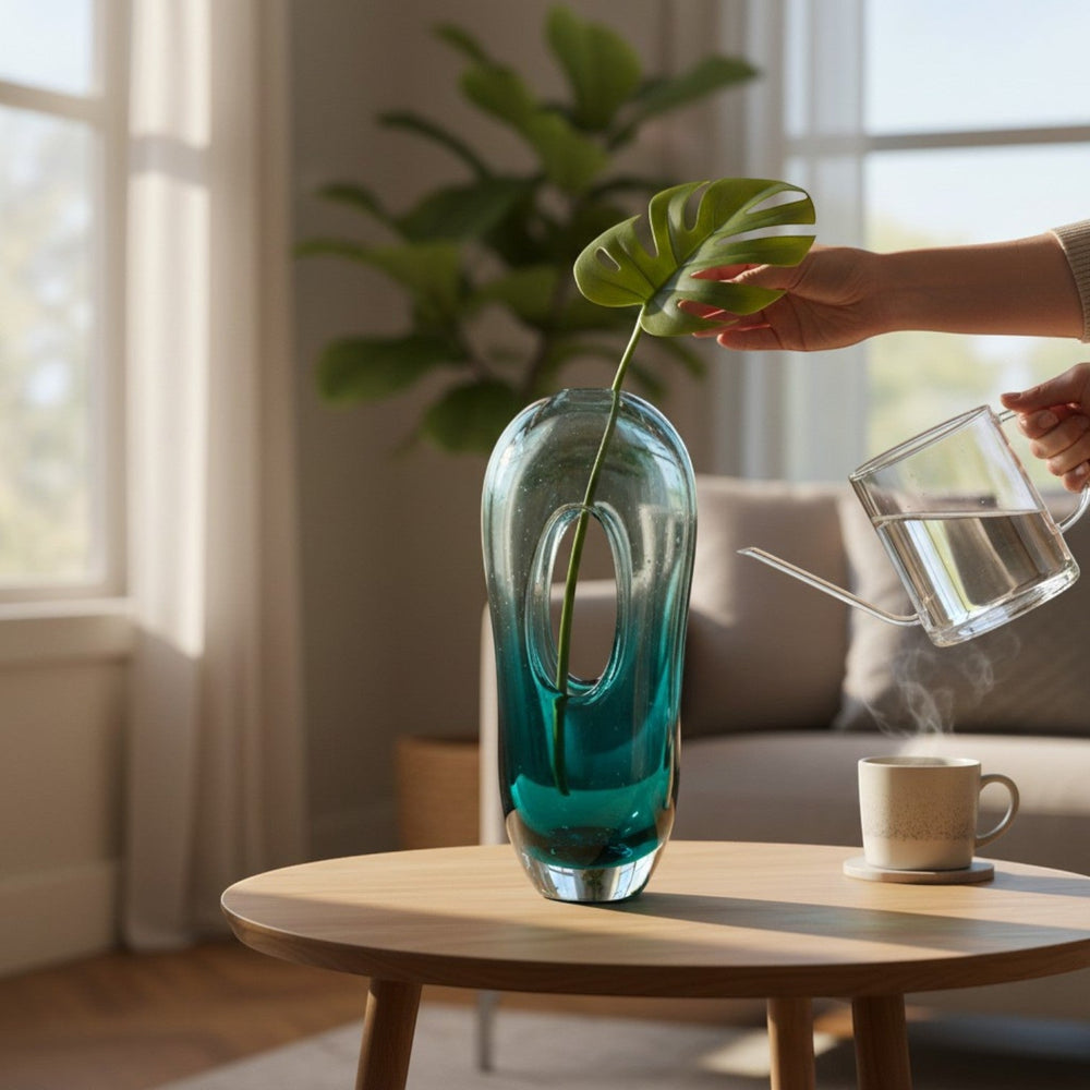 Teal Blue Oval Cutout Glass Vase