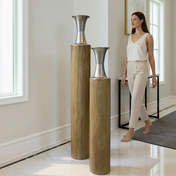 Modern Metal Floor Vase with Wood Grain Finish