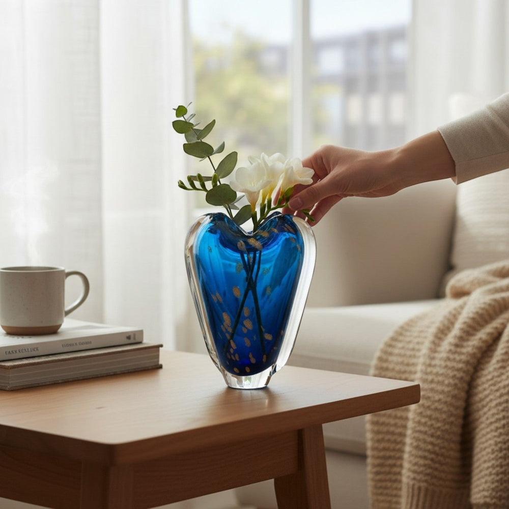 Ocean Blue Gold Accent Glass Vase