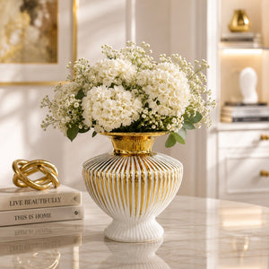 Luxury White-Gold Ribbed Ceramic Decorative Vases