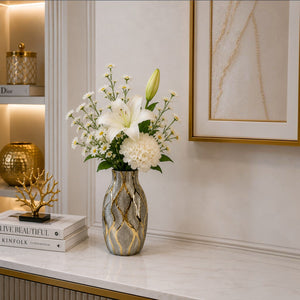 Luxury White-Gold Ribbed Ceramic Table Vases