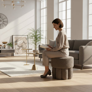 Luxury Bouclé Round Ottoman Stool | Modern Upholstered Accent Stool