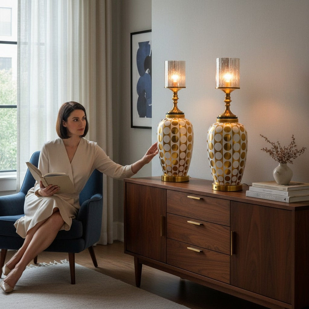 Luxury Gold Dotted Hurricane Candle Holders Set