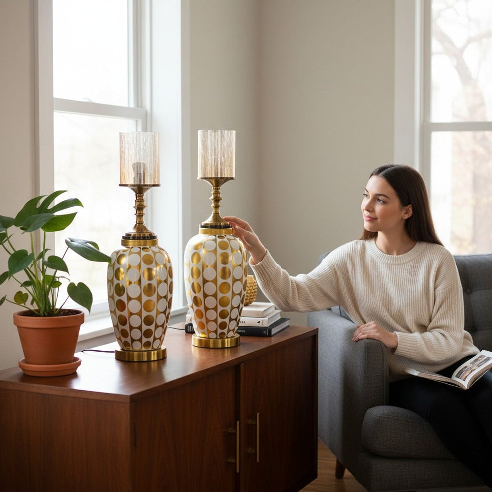 Luxury Gold Dotted Hurricane Candle Holders Set