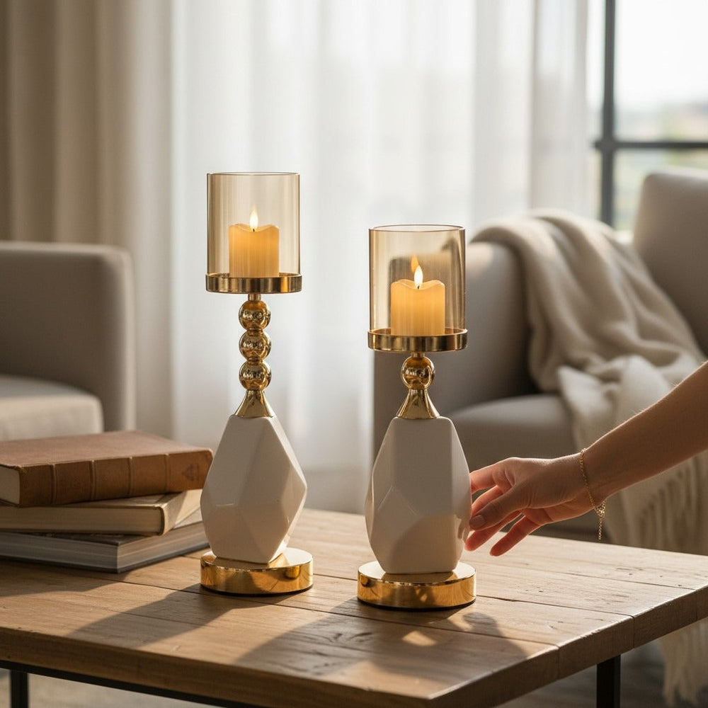 Modern Geometric Ceramic Candle Holders Set