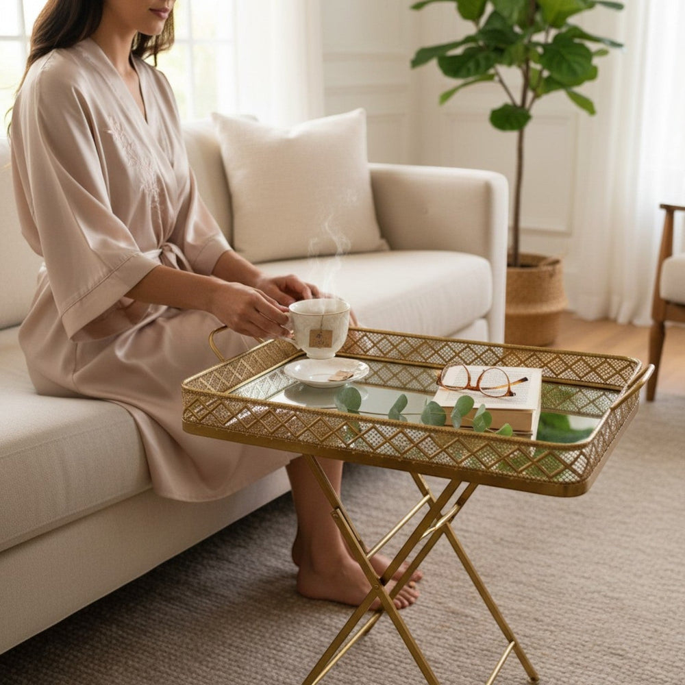 Luxury Gold Mirrored Serving Tray Table with Folding Stand