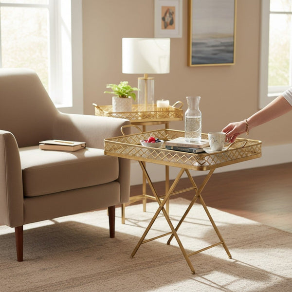 Luxury Gold Mirrored Serving Tray Table with Folding Stand