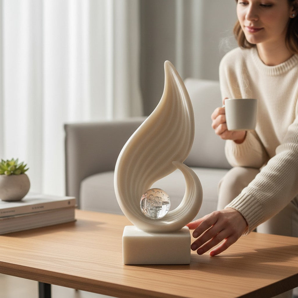 Modern Abstract White Sculpture with Crystal Ball