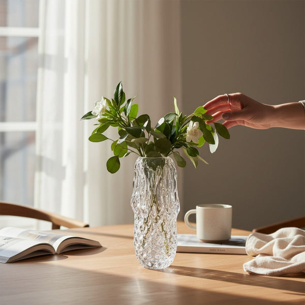 Clear Textured Glass Vase – Modern Decorative Bud Vase