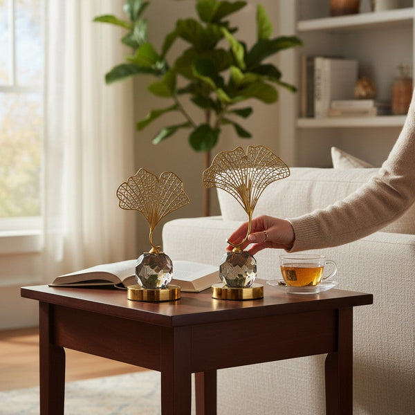 Luxury Gold Ginkgo Leaf Crystal Sculpture Set – 2 Piece