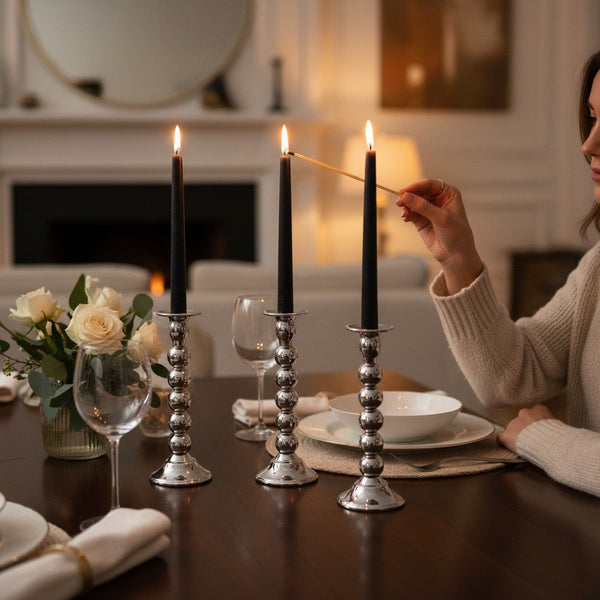 Silver Beaded Taper Candle Holder (Set of 3)