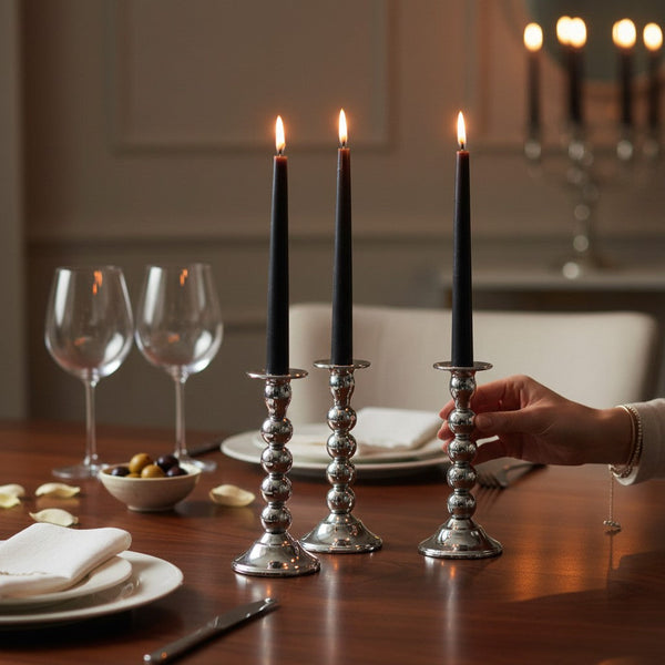 Silver Beaded Taper Candle Holder (Set of 3)