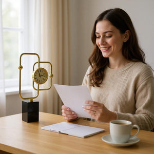 Modern Geometric Desk Clock with Brass Frame