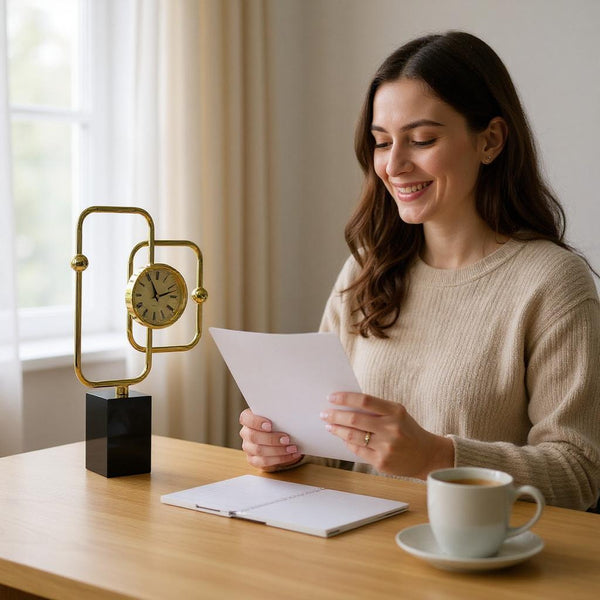 Modern Geometric Desk Clock with Brass Frame