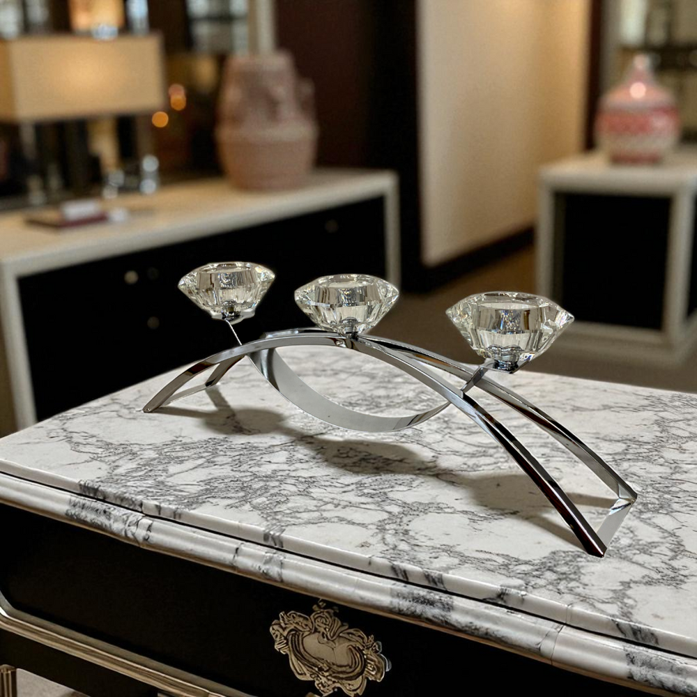 Modern Silver Candle Holder Crystal Lotus