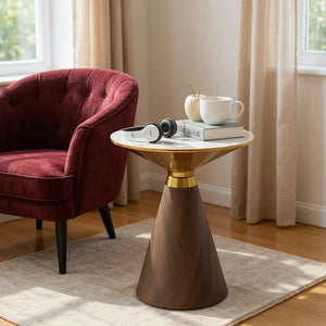 LuxeVista Metallic Coffee Table – White Marble Top with Saddle Brown Base
