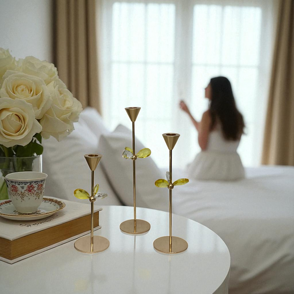 Golden Leaf Taper Candle Holder Set