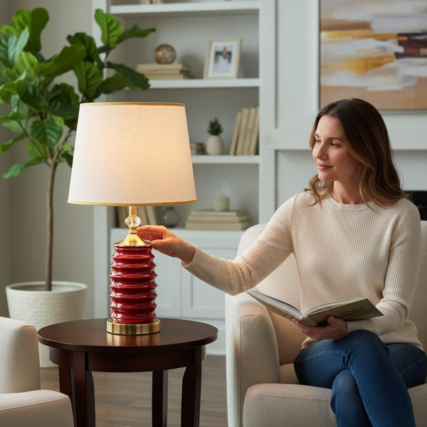 Crimson Ribbed Ceramic Lamp