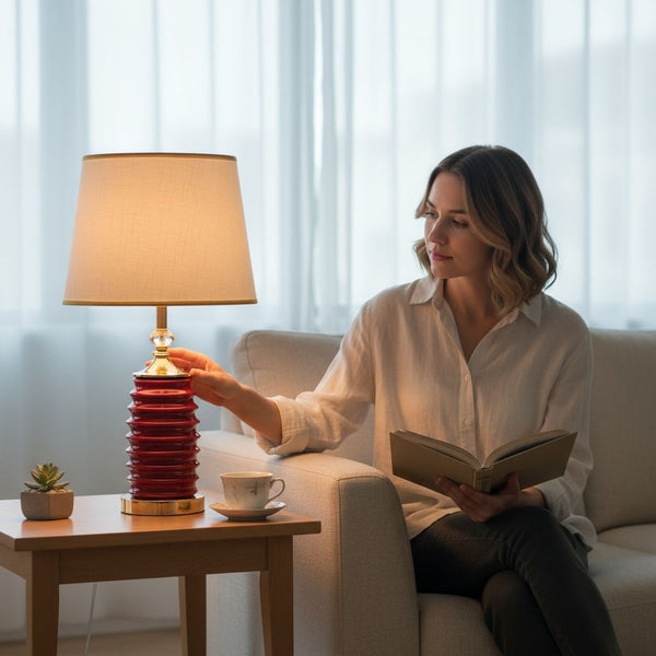 Crimson Ribbed Ceramic Lamp