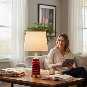 Crimson Ribbed Ceramic Lamp