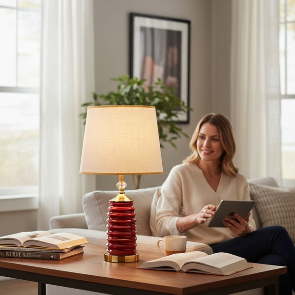 Crimson Ribbed Ceramic Lamp