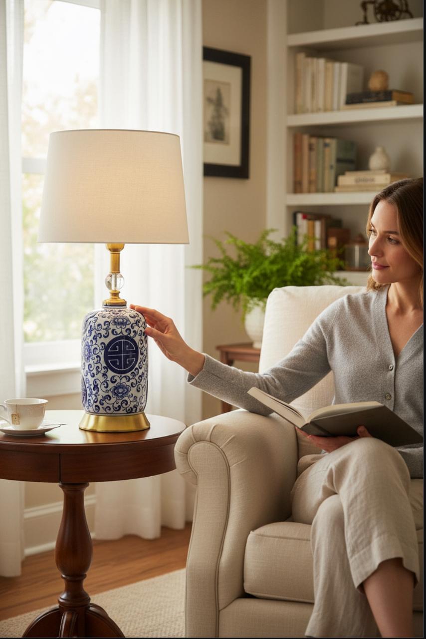 Oriental Chinese Blue Pottery Ceramic Lamp