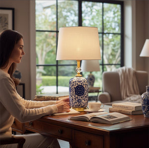 Oriental Chinese Blue Pottery Ceramic Lamp