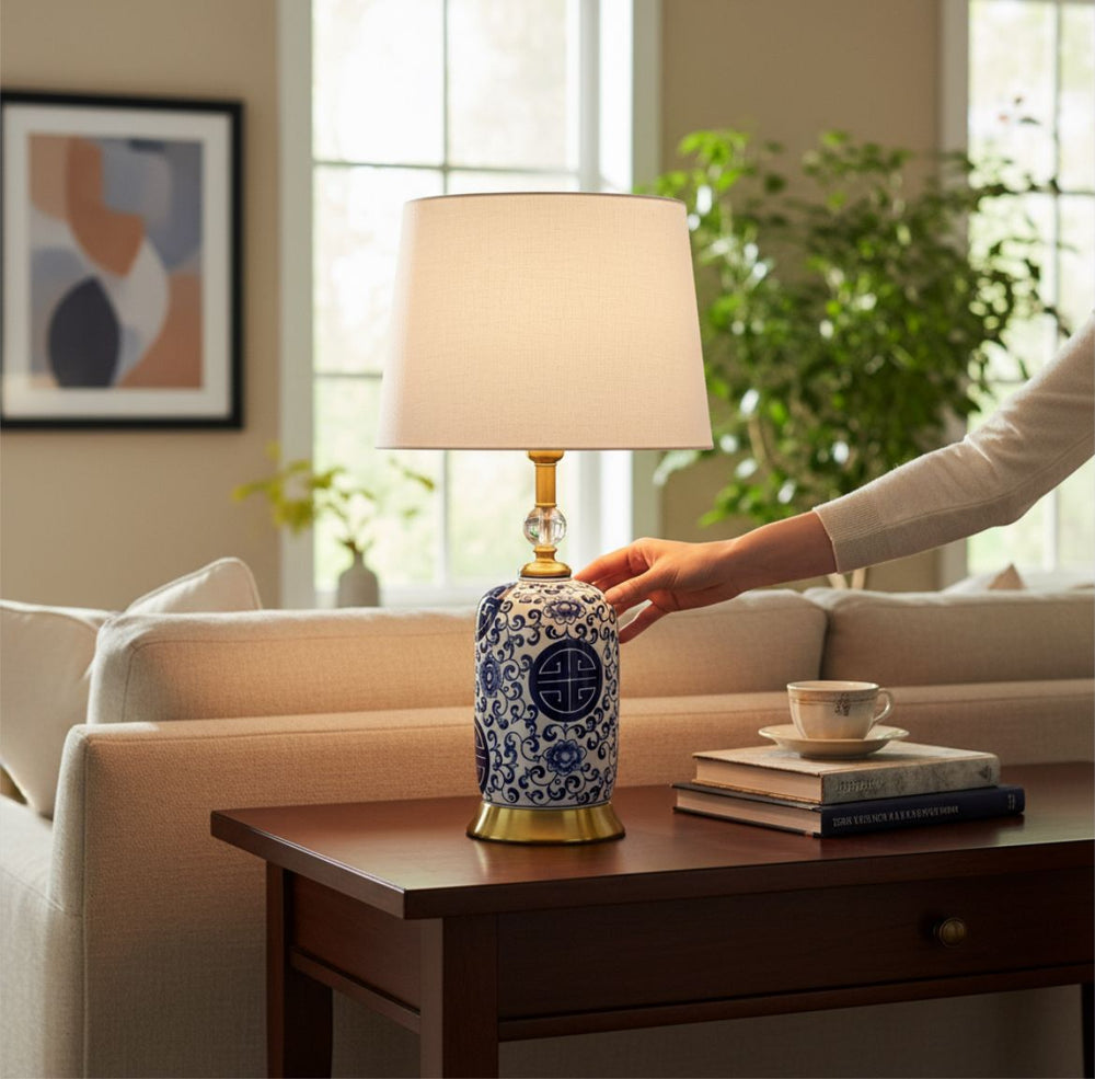 Oriental Chinese Blue Pottery Ceramic Lamp