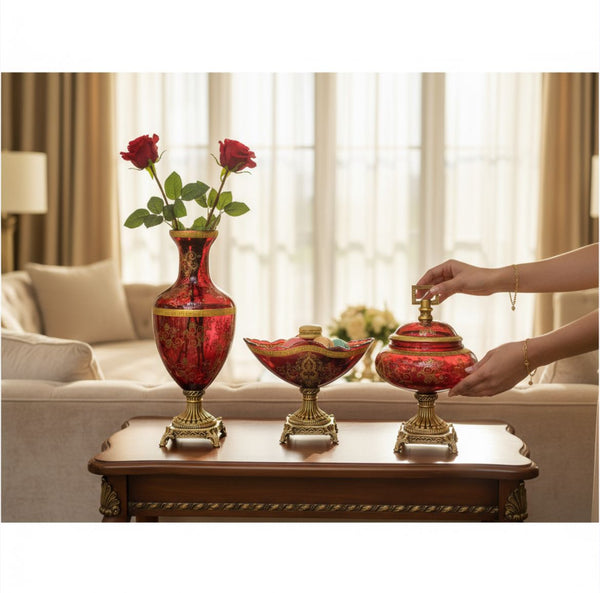 Red Decorative Vase & Bowl Set with Brass Base