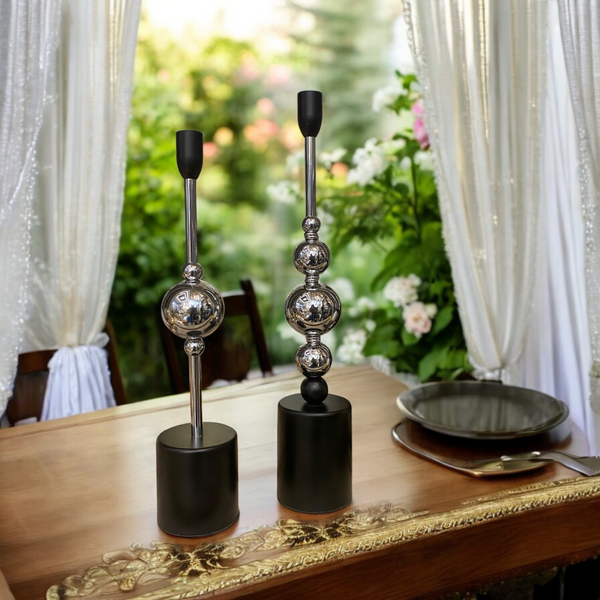 Modern Chrome Sphere Candle Stand Set