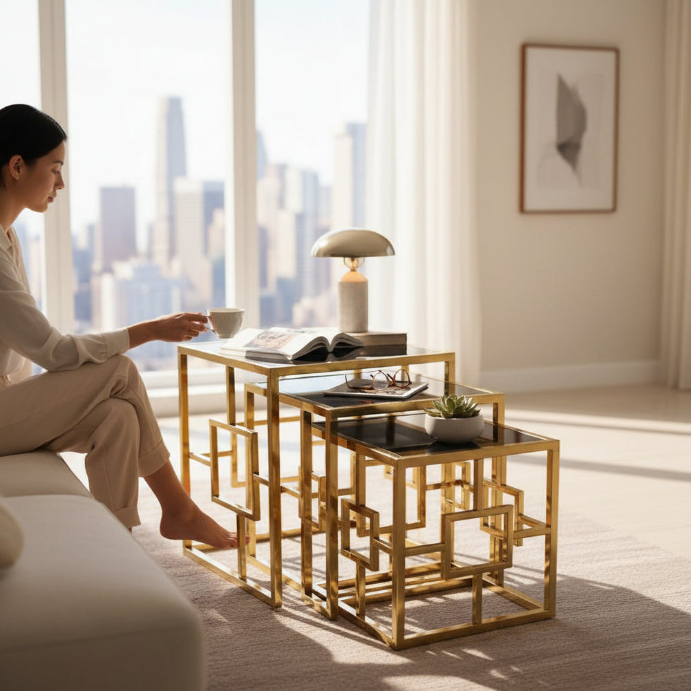 Luxe Geometric Nesting Tables – Black Tempered Glass Top