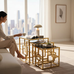Luxe Geometric Nesting Tables – Black Tempered Glass Top