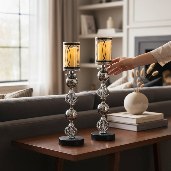 Hotel Luxe Silver Crystal Candle Stands (Pair)
