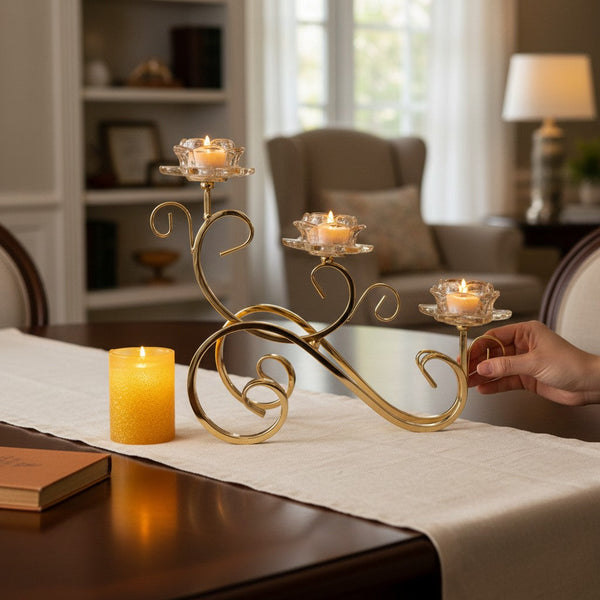 Luxury Gold Metallic Candle Holder with Crystal Lotus