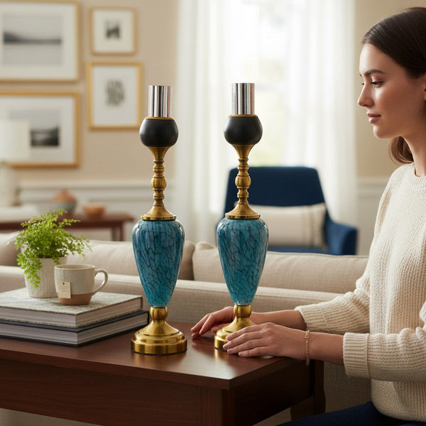Azure Gold Ornate Candle Holders