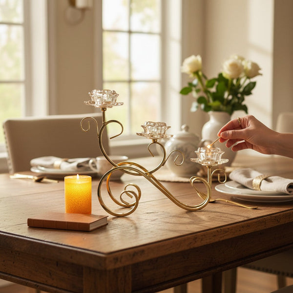 Luxury Gold Metallic Candle Holder with Crystal Lotus