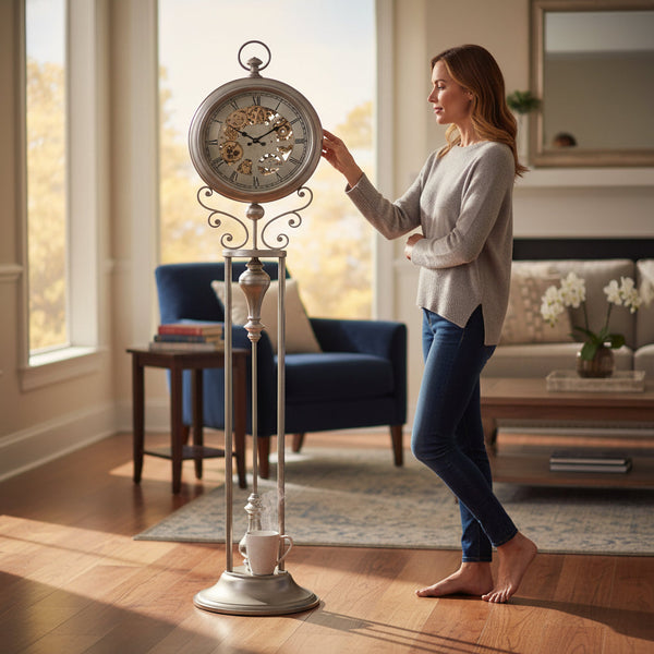 Industrial Black Gear Tripod Standing Clock