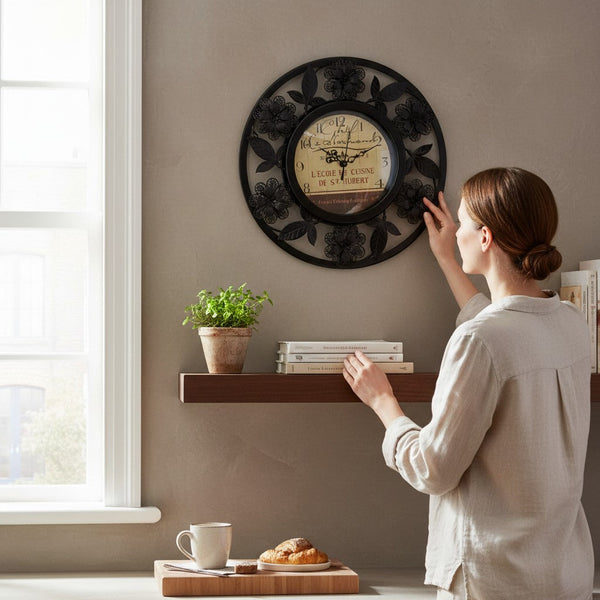 Elegant Black Floral Metallic Vintage Wall Clock