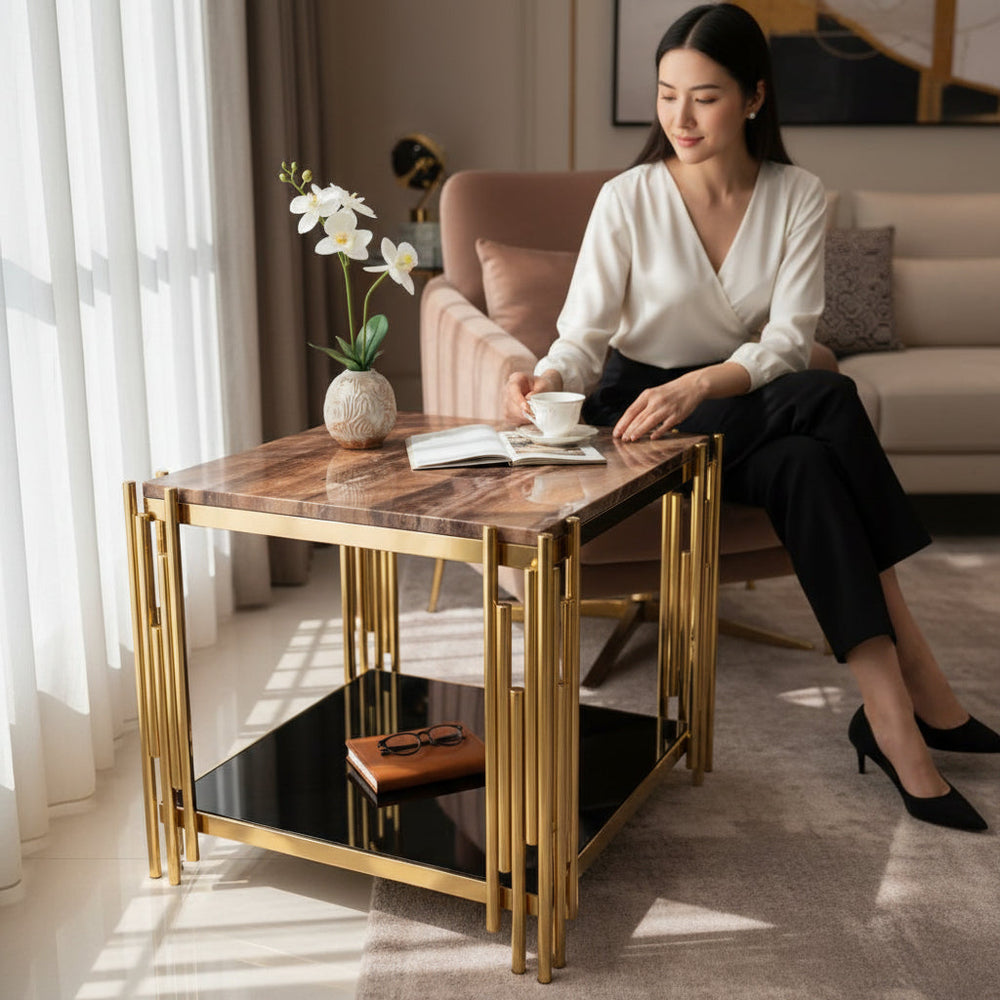 Modern Imported Stainless Steel Side Tables with Marble-Top